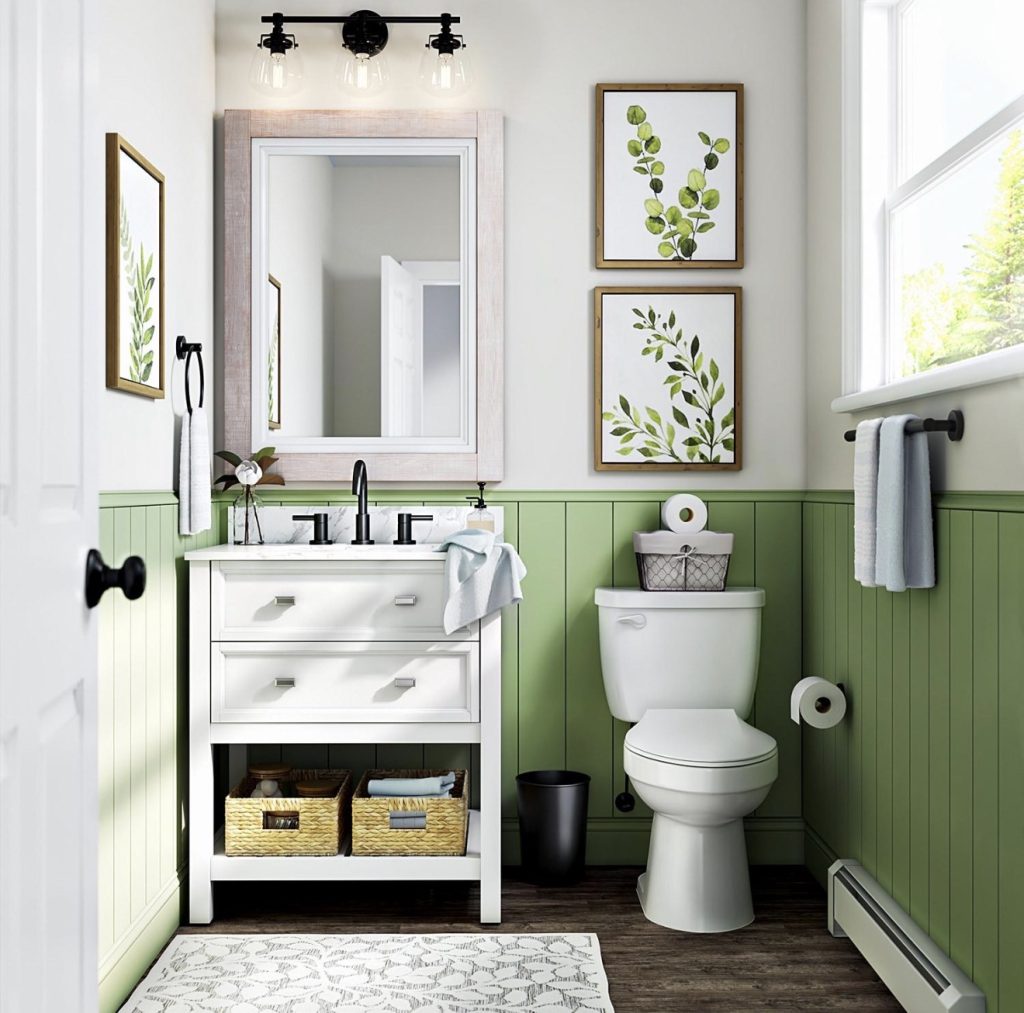 Sage Green Wainscoting With Botanical Wall Art