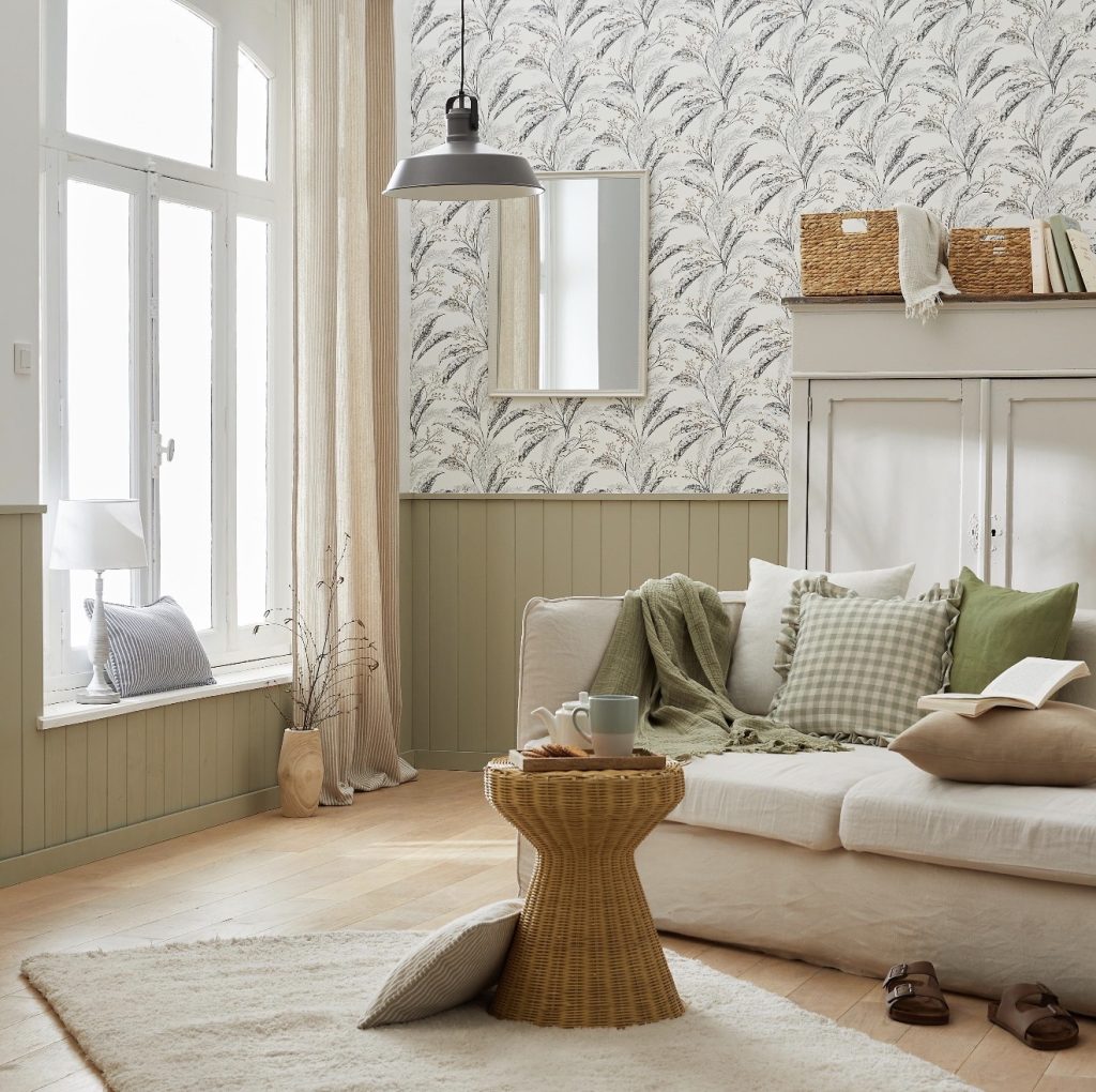Sage Green Wainscoting With Botanical Wallpaper
