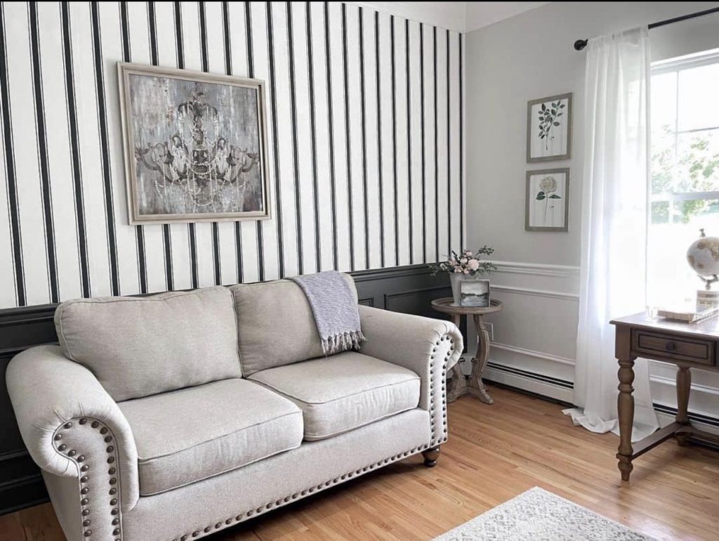 Vertical Striped Wallpaper With Simple White Wainscoting