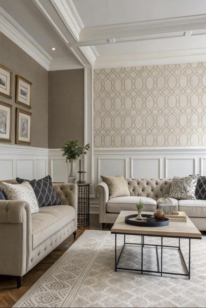 Picture-Frame Wainscoting With a Small-Scale Wallpaper Pattern
