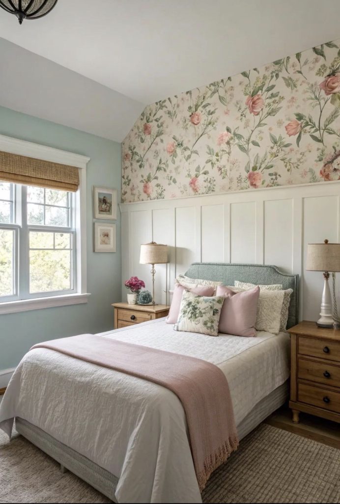 Half-Wall Wainscoting With Floral Wallpaper