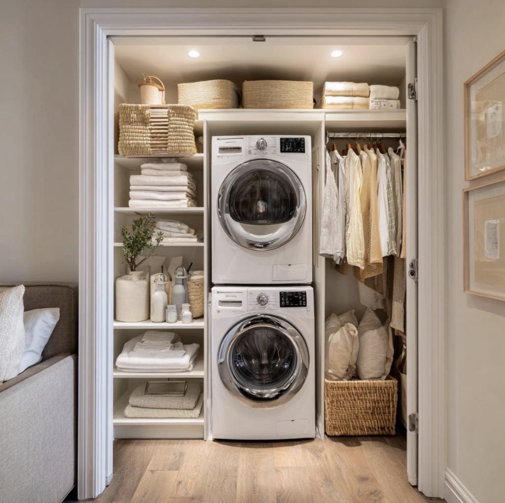 Floating Wood Shelves Above the Stacked Washer and Dryer