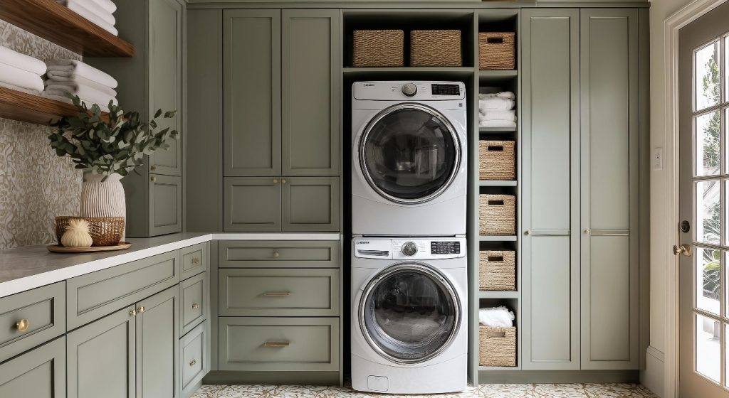 Small Stacked Laundry Room With Sage Green Cabinets