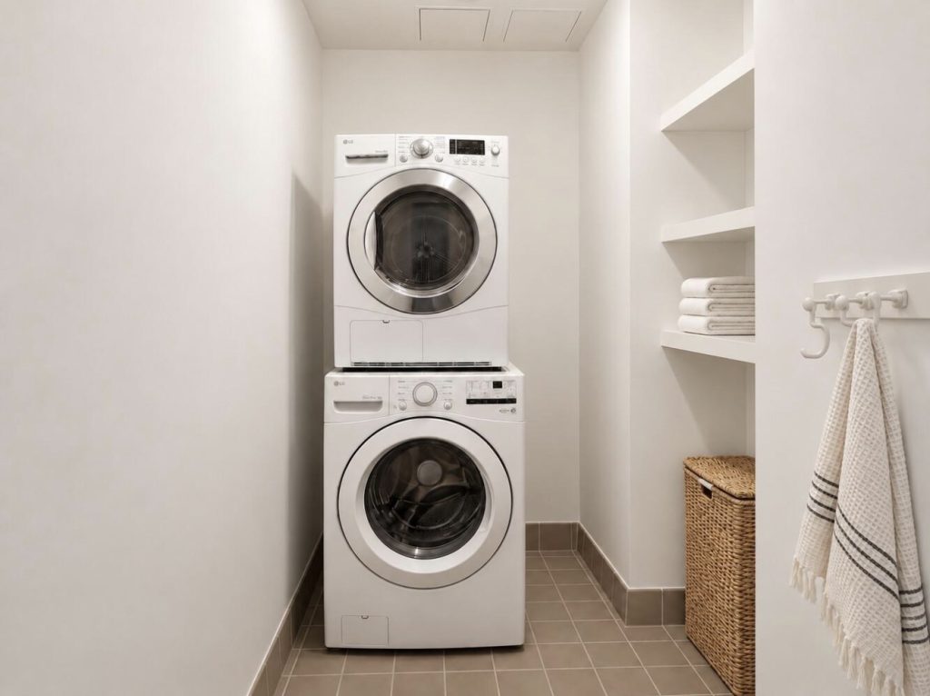 Laundry Room Feel Bigger With White Walls and Light Tile