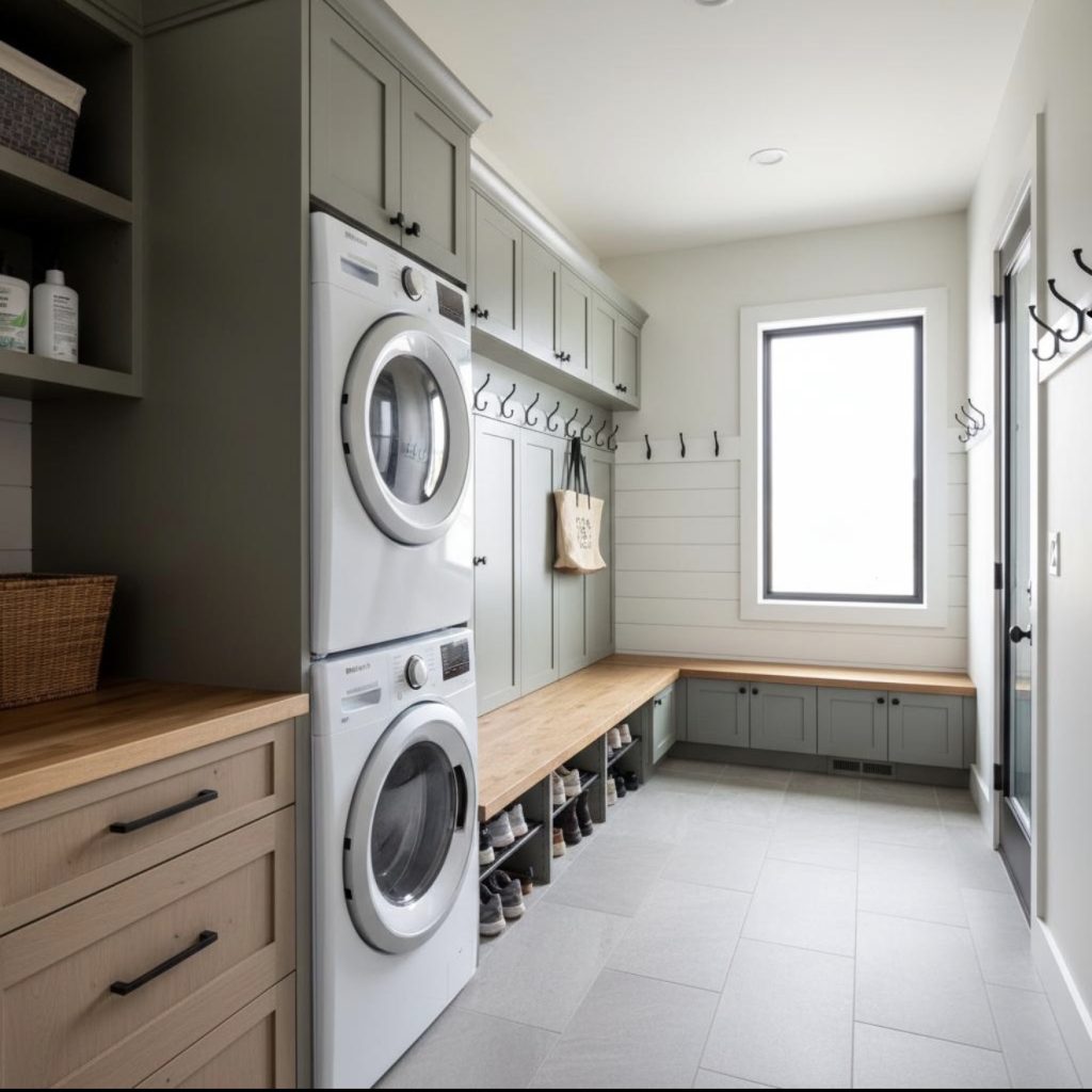 Stacked Laundry Room With a Mini Mudroom
