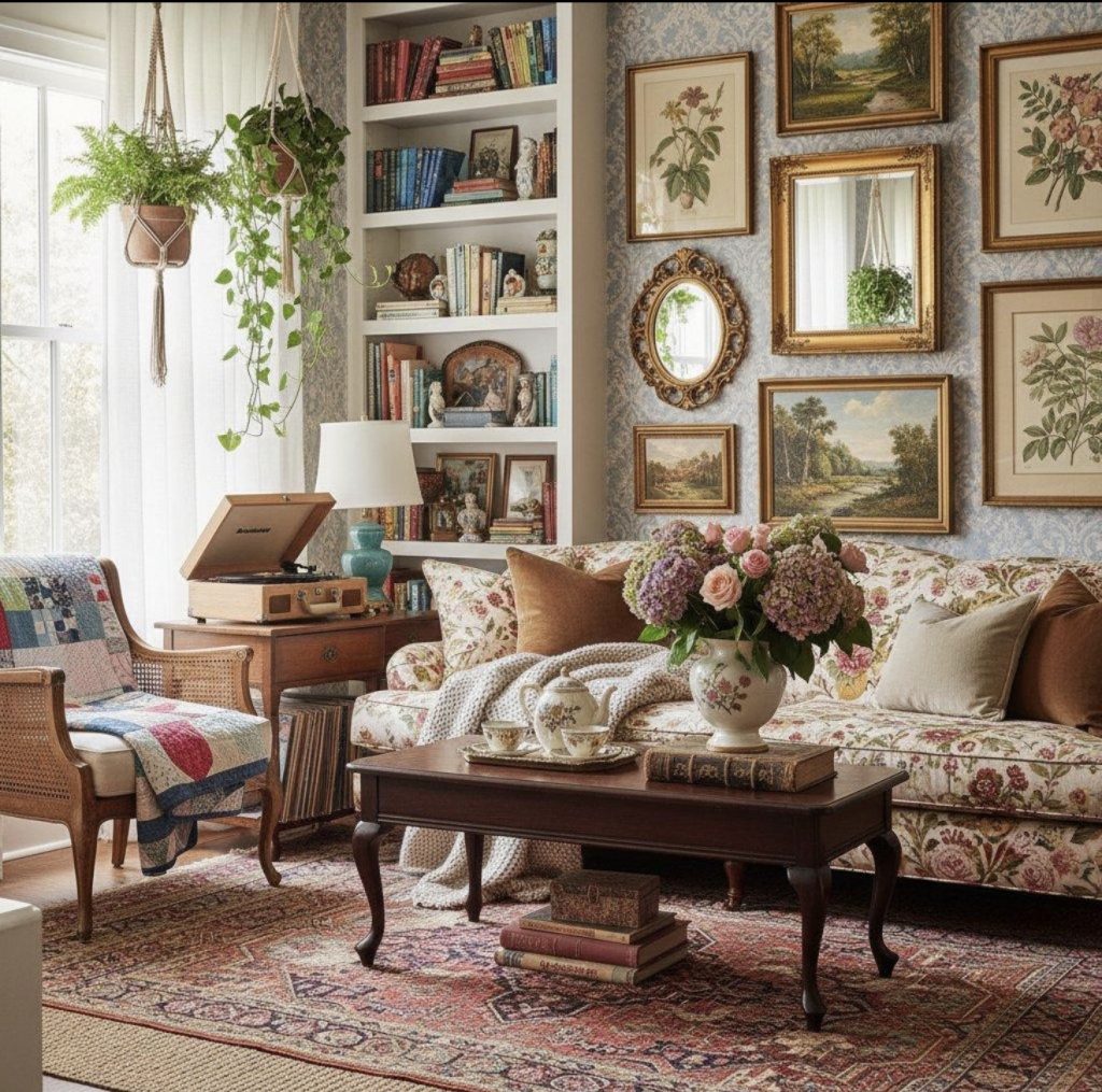 Vintage-Style Rug With Quilted Throws and Crochet Blankets