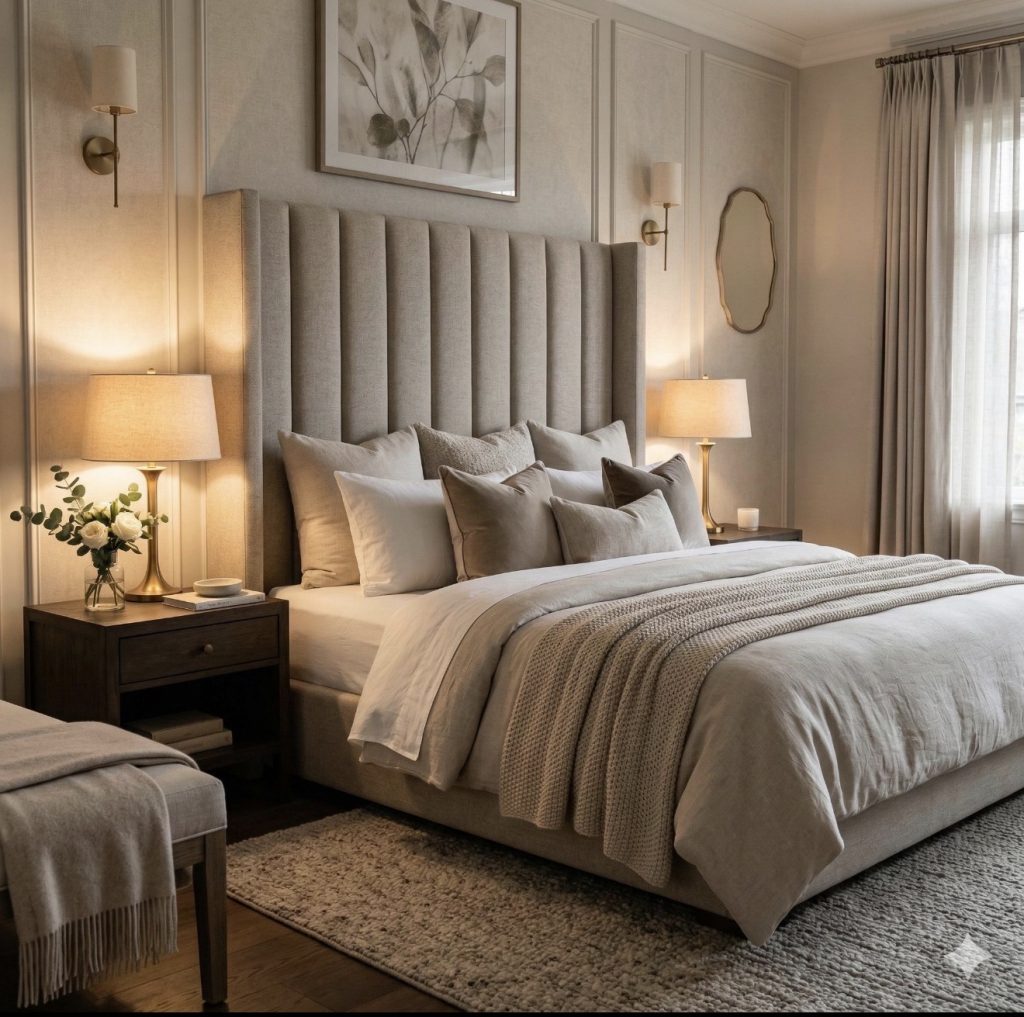 Bedroom With Cream and Beige Bedding