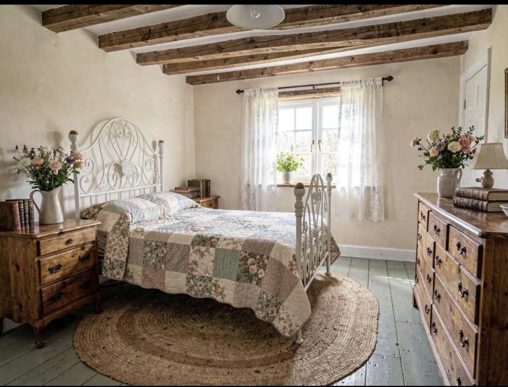 Rustic Bedroom Around an Antique Wooden Bed