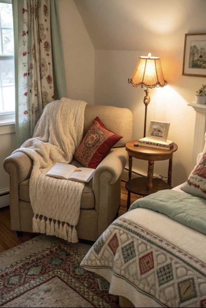 Rustic Reading Corner With a Floral Armchair