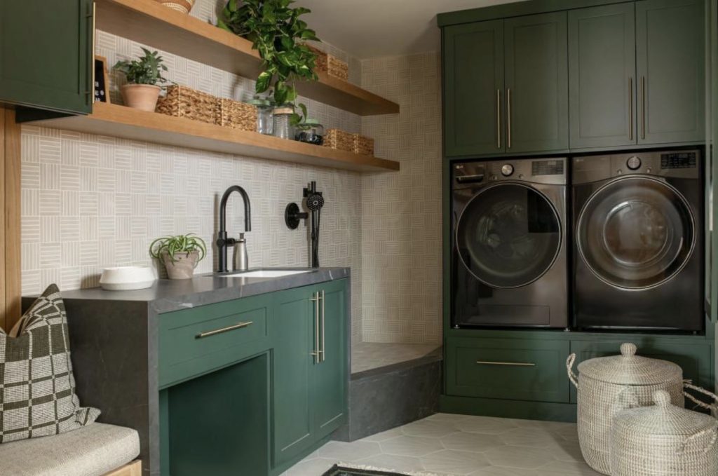Deep Forest Green Cabinets With Warm Wood Shelves
