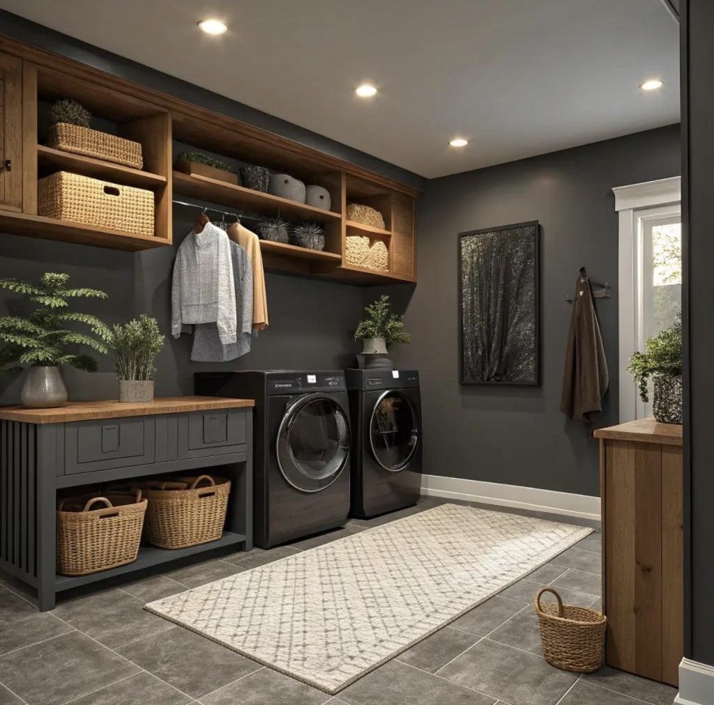 Charcoal Gray Walls With Black Laundry Appliances