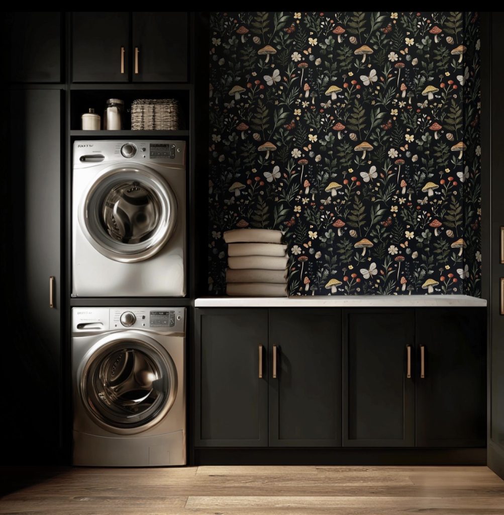 Moody Floral Wallpaper Behind the Washer and Dryer