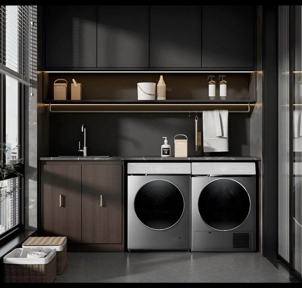 Small Black Laundry Room With Warm Lighting