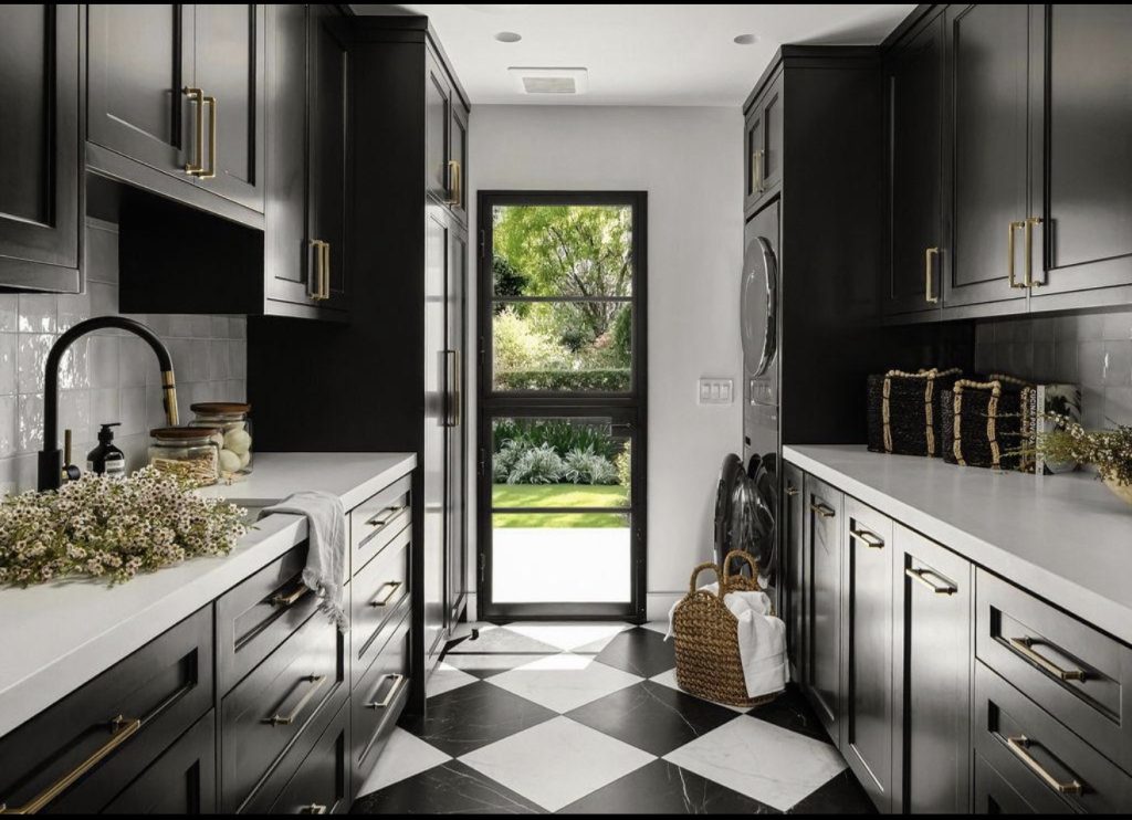 Dark Checkerboard Flooring With Simple Moody Cabinets