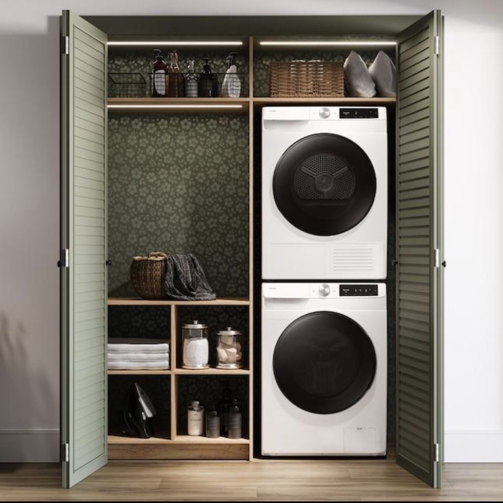 Moody Stacked Laundry Closet With Hidden Storage