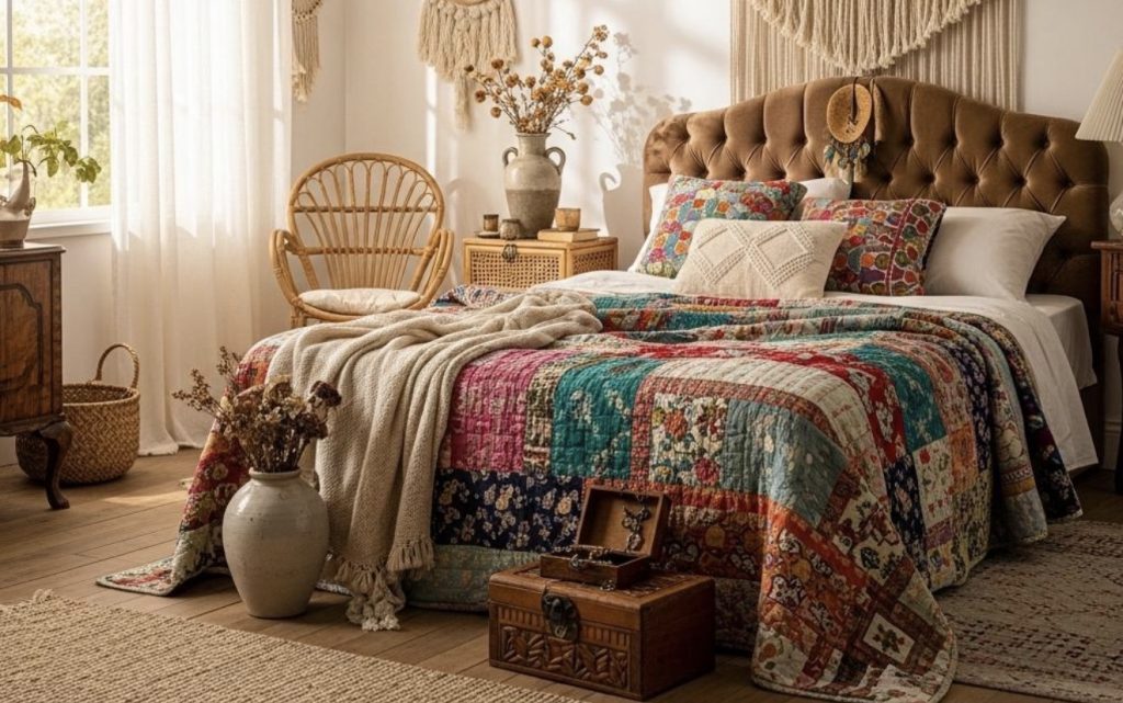 Colorful Floral Bedding With Vintage Quilts