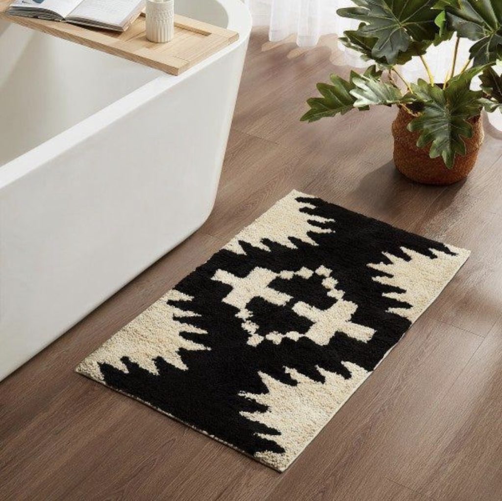 Southwestern Patterned Towels and a Statement Bath Mat