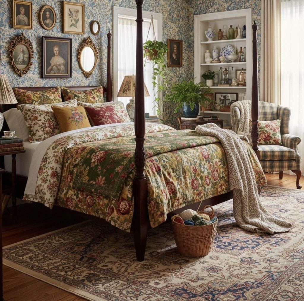 Colorful Floral Bedding With Mismatched Vintage Prints