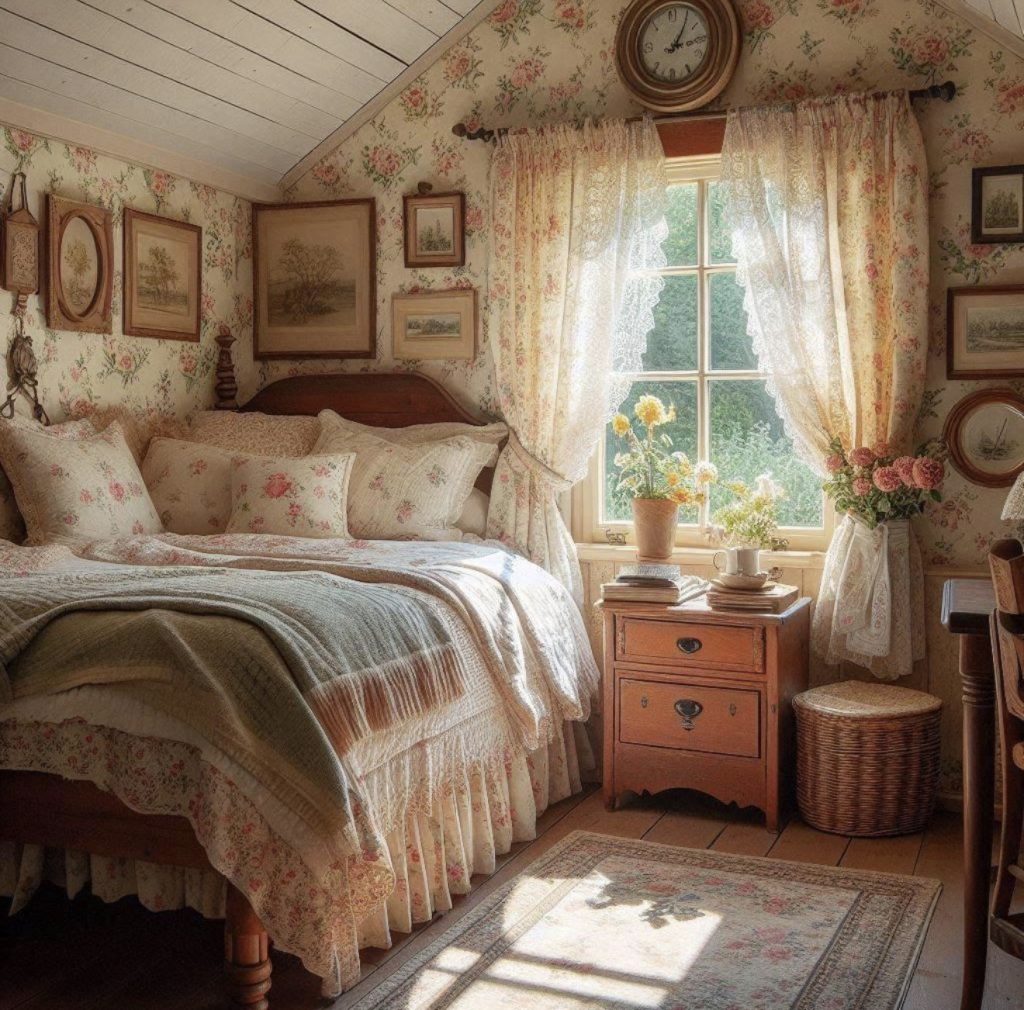 Romantic Bedroom With Floral Vintage Bedding