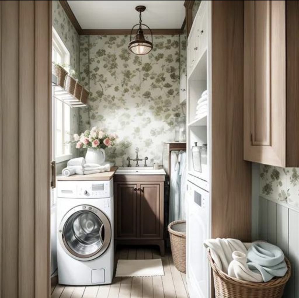 Cottage Laundry Room With Floral Wallpaper