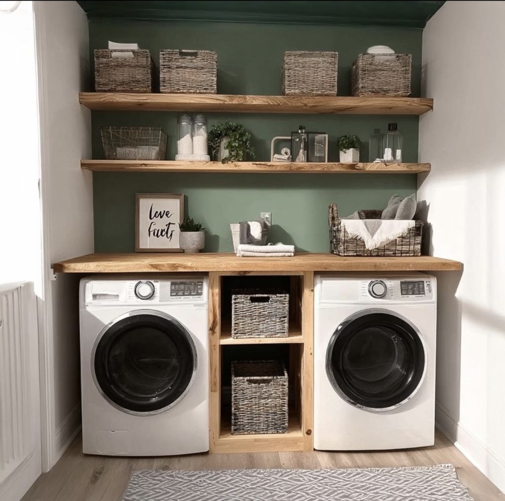 Open Wooden Shelves and Pretty Woven Baskets